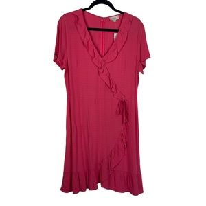 LOFT outlet faux wrap dress bright pink ruffle detail cottage-core casual NWT